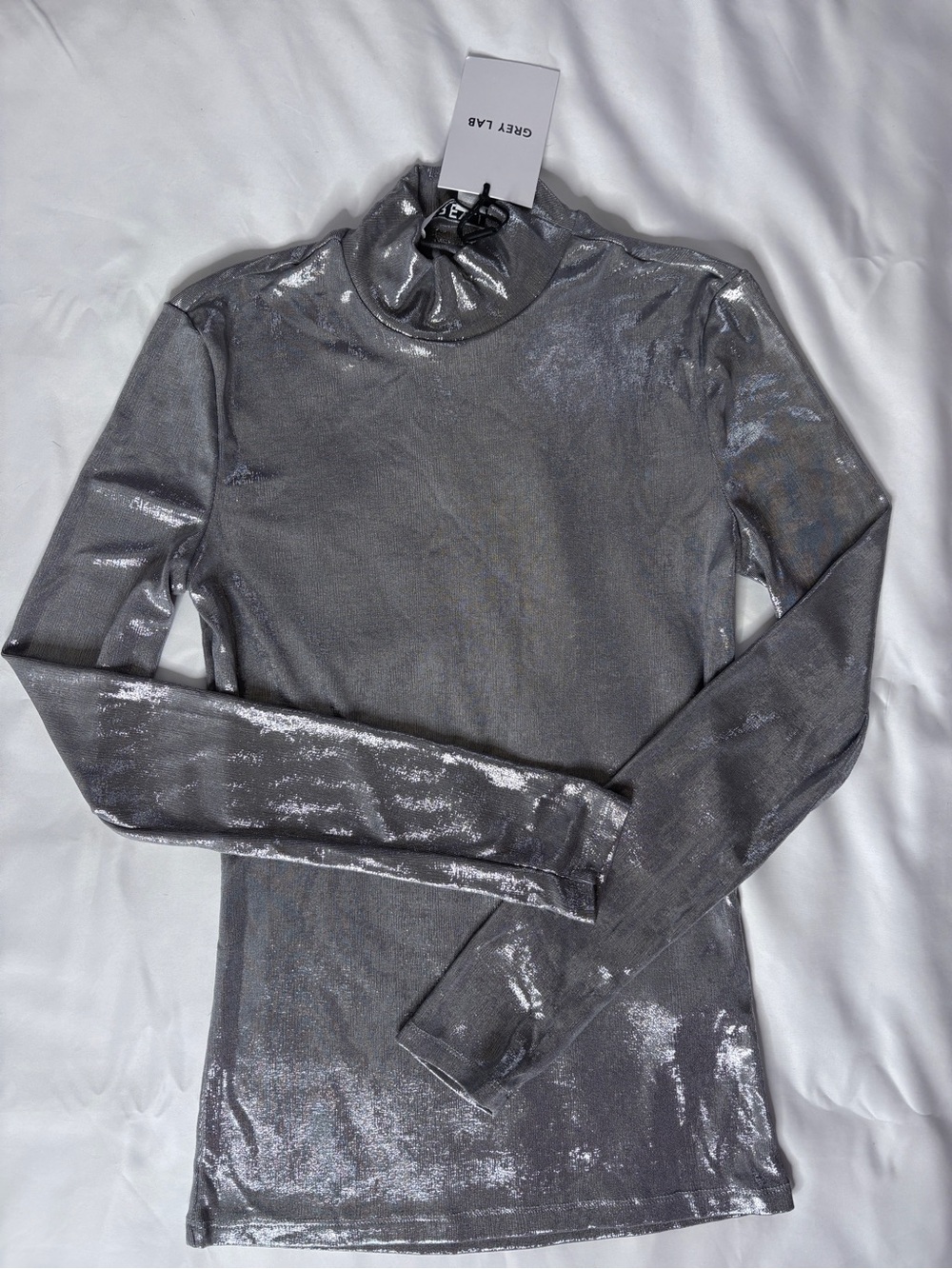 GREY LAB Shimmery Metallic Long-Sleeve Turtleneck – Silver